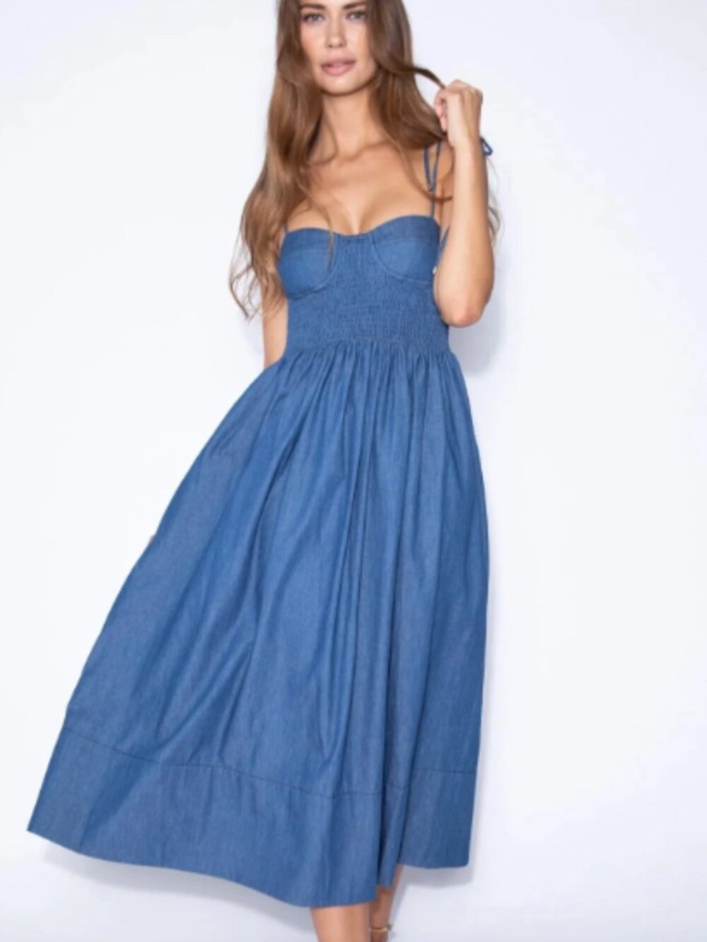 Karina Grimaldi Josephine Denim Midi Dress Denim Smocked Corset Cotton Medium - Picture 2 of 9